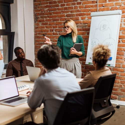 New clients Businesspeople in the office presenting ideas to new client